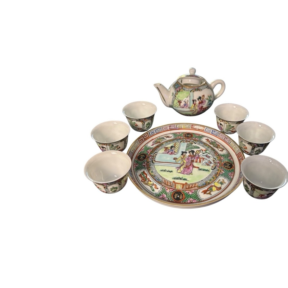 Vintage Chinese Mini Tea Set Porcelain Teapot‎ Cups Tray w/ Box